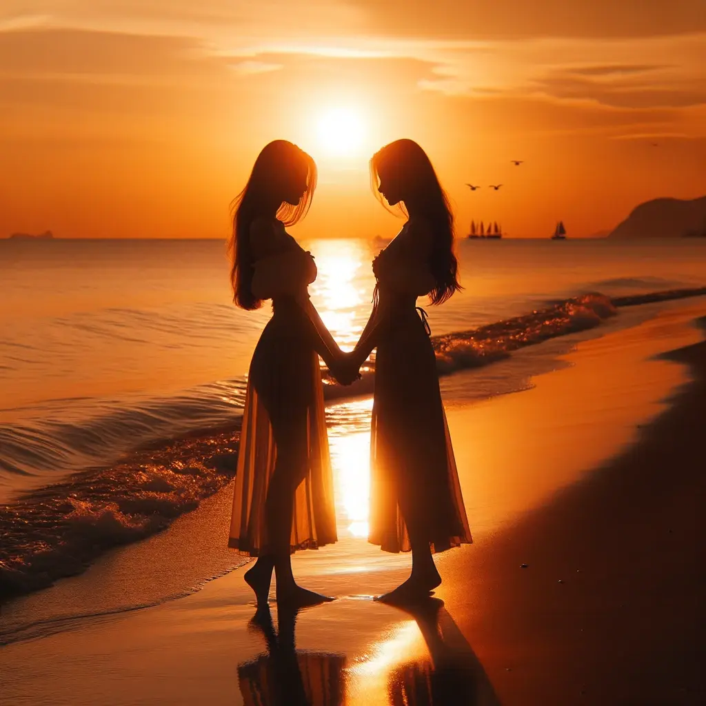 two lesbian women on a beach during a breathtaking sunset